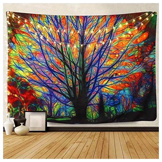 Amknn drömlik träd vägg hängande tapet, psykedelisk skog med fåglar vägg gobeläng bohemisk mandala hippie gobeläng perfekta dekorationer för sovrum vardagsrum sovsal 153x130cm Colorful Tree Tapestry