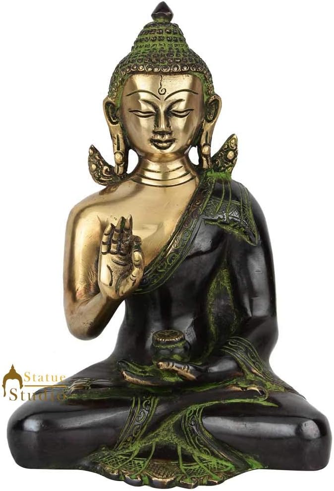 StaueStudio Ashtamanglam Vintage Chinese Buddha Statue in Blessing Mudra Brass Showpiece Idol for Living Room Meditaion Gift Vastu Figurine Black (5.5 X 3.5 X 8 Inch)
