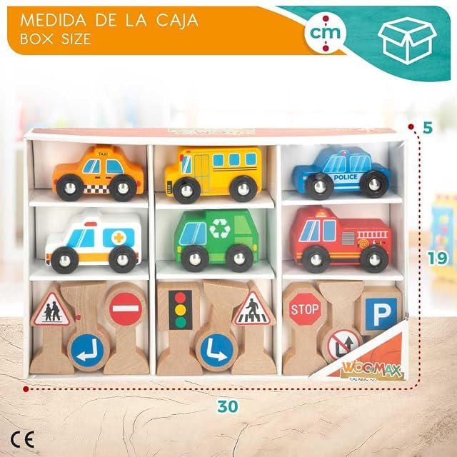Foto 6 de 7 de WOOMAX - Set 6 vehículos y 9 señales de tráfico, Juego simbólico, Juguetes de Madera FSC, Coches Juguete…