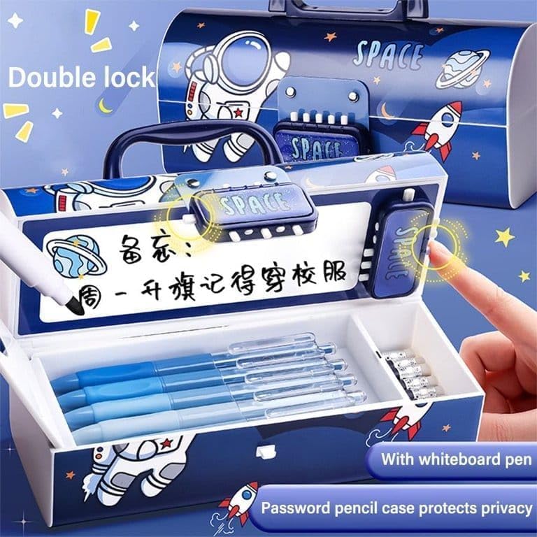 Image of WORSHIPER Cartoon Theme Pencil Box for Kids | Suitcase Style Password Lock Stationery Organizer | Multi-Layer Pen & Pencil Case for Boys & Girls (Cute Panda Lock Compass)