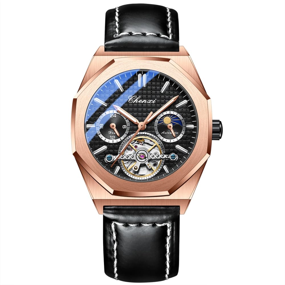 Reloj mecánico octágono Tourbillon hueco con fases de la luna estrellada, impermeable, luminoso, automático, reloj de pulsera de cuero de lujo para hombre