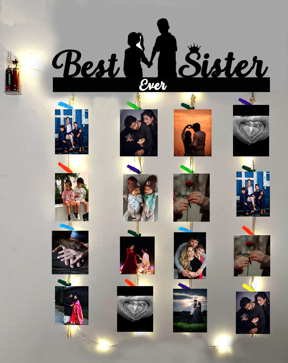 Khush Its Amazing Wood Best Ever Sister With LED Light Hanging Photo Display, DIY Picture Photo Frame Collage Set Includes Multi colour Clips,Wall Mount