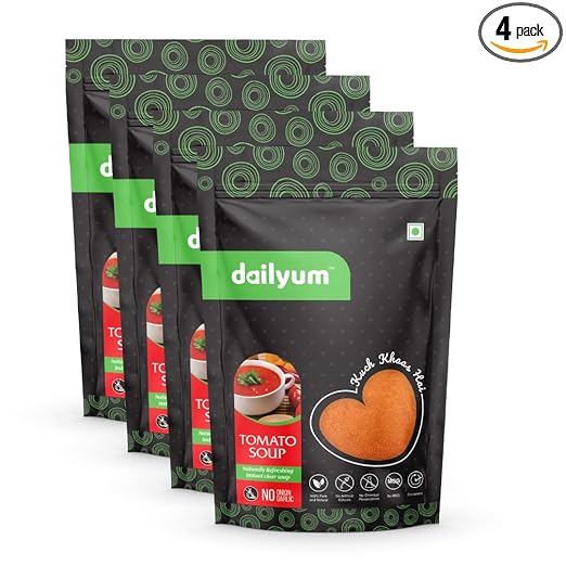 Dailyum Instant Tomato Soup 50g | No Onion No Garlic | Pack of 4 | Ready To Eat Instant Soup |100% Natural | No MSG | Vegan | Serves 4 | Jain