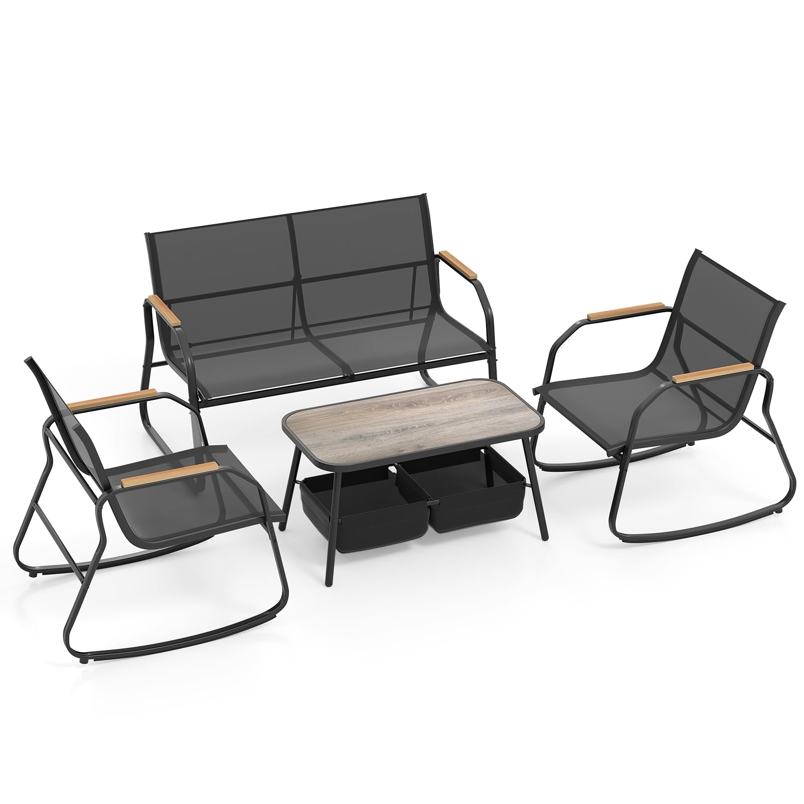 COSTWAY 4-Piece Garden Furniture Set, Metal Frame Patio Conversation Set with 2 Rocking Chairs, Loveseat and Coffee Table, Outdoor Conservatory Table Sofa Chairs for Balcony Backyard Poolside, Black