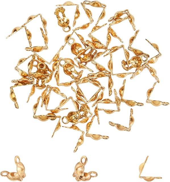 UNICRAFTALE 50pcs Golden Bead Tips Stainless Steel Calotte Ends Open Clamshell Knot Covers Fold-Over Bead Tips 1mm Small Hole End Caps for Knots & Crimp Findings Crafts 5x3x2mm