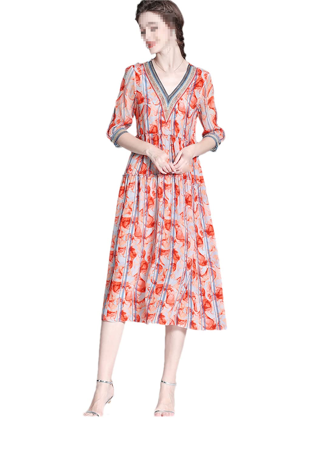 Robe d'été décontractée chic imprimé floral col en V taille L