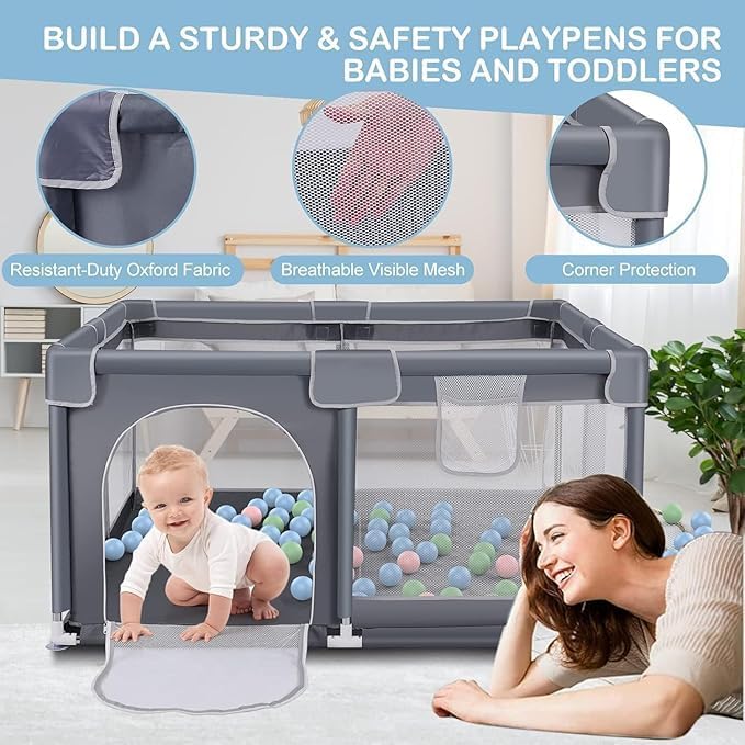 Image of ShivAnanta Baby Playpen for Home Indoor Kids Safety Play Fence with 30 Balls Mesh Play Area for 2+ Toddler Activity Zone Portable Baby Play Yard Anti Slip Child Play Space for Crawling Babies Secure Enclosure (Grey)