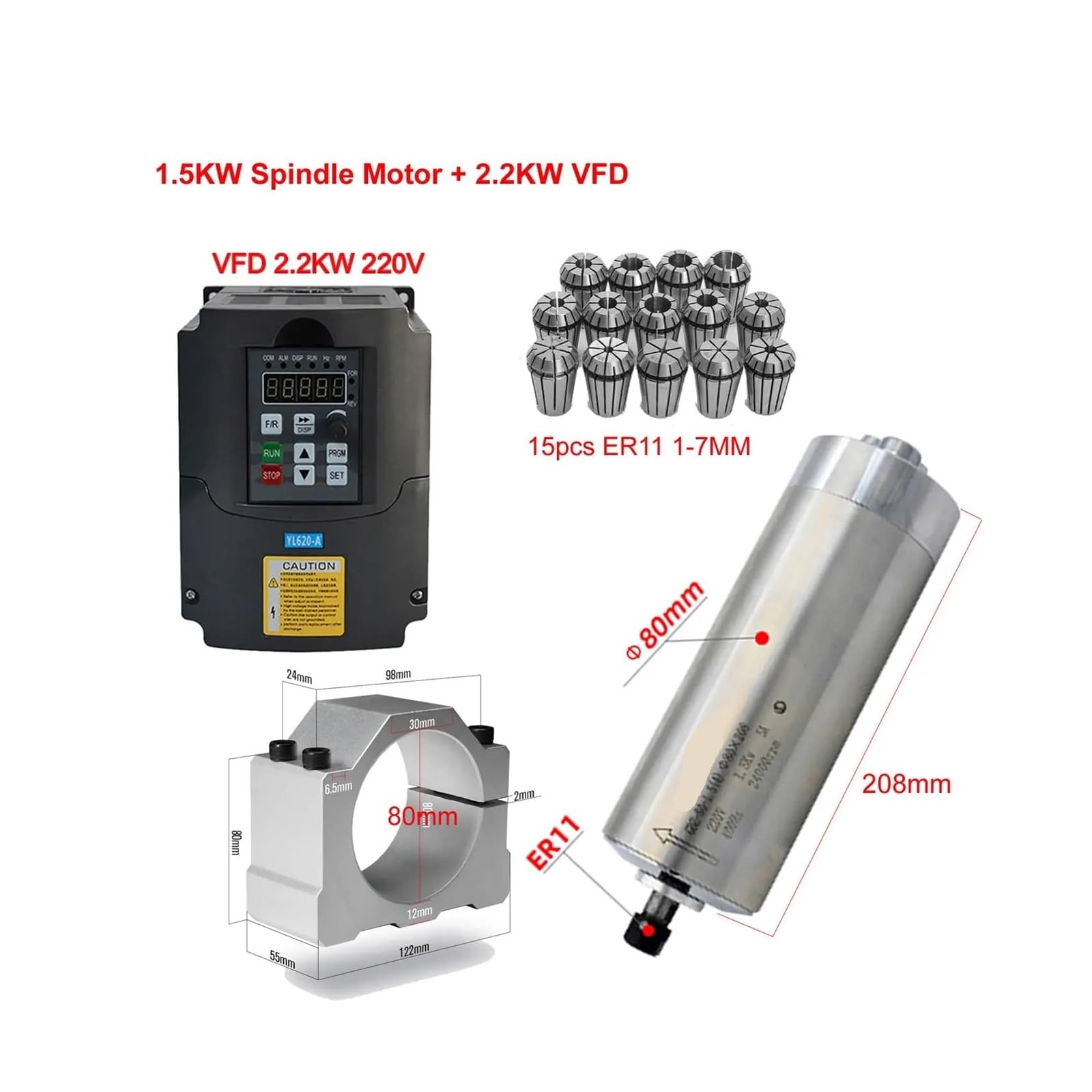 CNC 2.2KW 1.5KW Convertitore di Frequenza 220V VFD Inverter Driver di Frequenza Variabile 800W 1500W 2200W Motore Mandrino ER11 ER20 Mandrino(VFD 1.5KW-1.5W Motor)