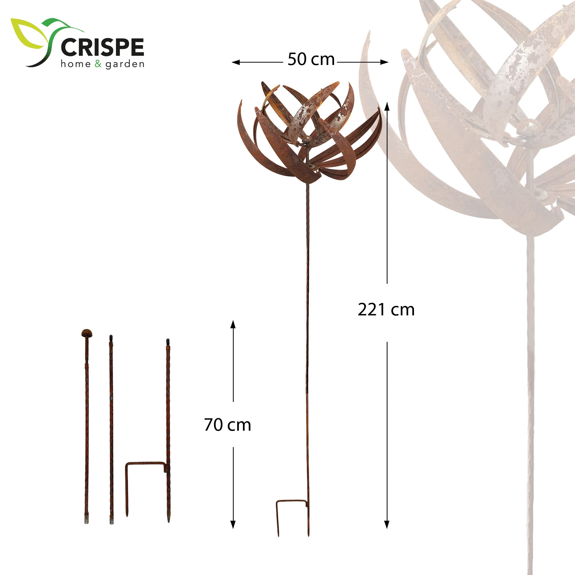 Metall Windrad 'Lotus' - massives Windspiel Windmühle für den Garten - wetterfest und standfest - mit besten Kugellagern - aus Vollmetall mit Edelrost-Patina – Höhe 221 cm