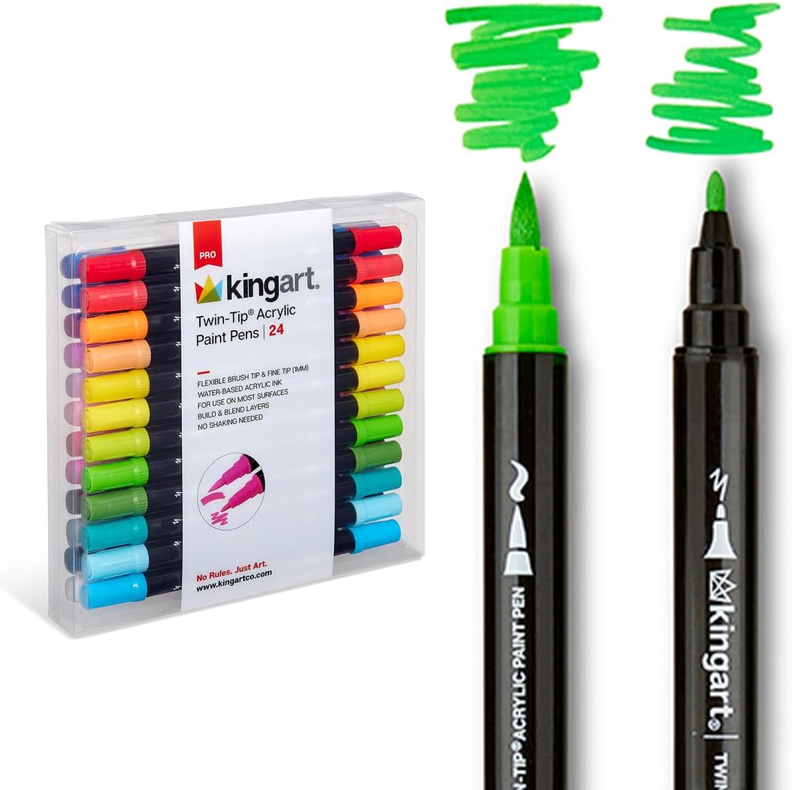 KINGART Acrylic Paint Markers, 24 Quick-Dry Dual-Tip Pens for Rock, Fabric, Wood, Glass & Crafts. Ideal for Halloween, drawing, painting, and art supplies