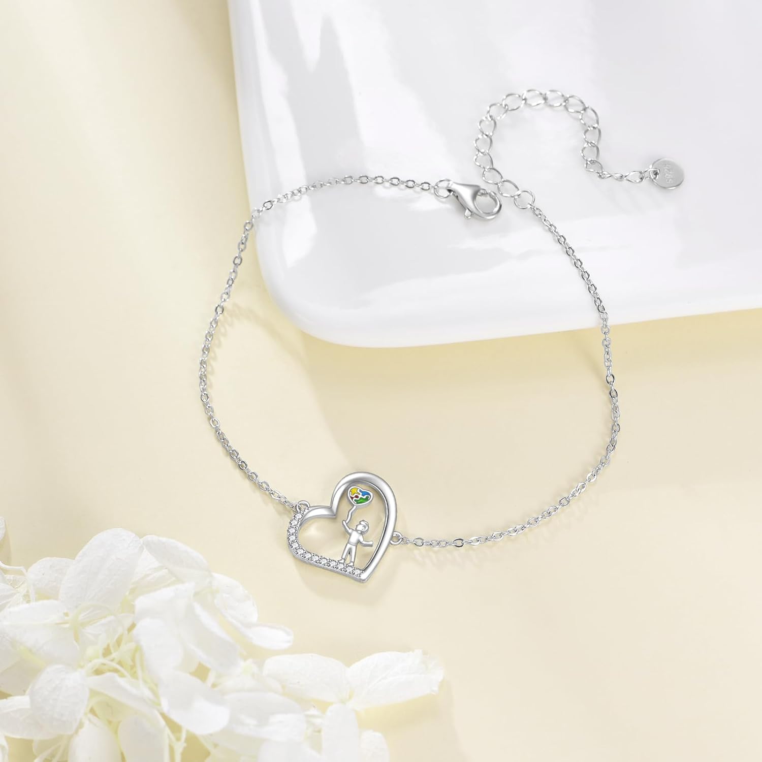 YFN Autism Awareness Bracelet Sterling Silver Puzzle Piece Charm Bracelet ASD Jewelry for Women Inspirational Autism Awareness Gifts