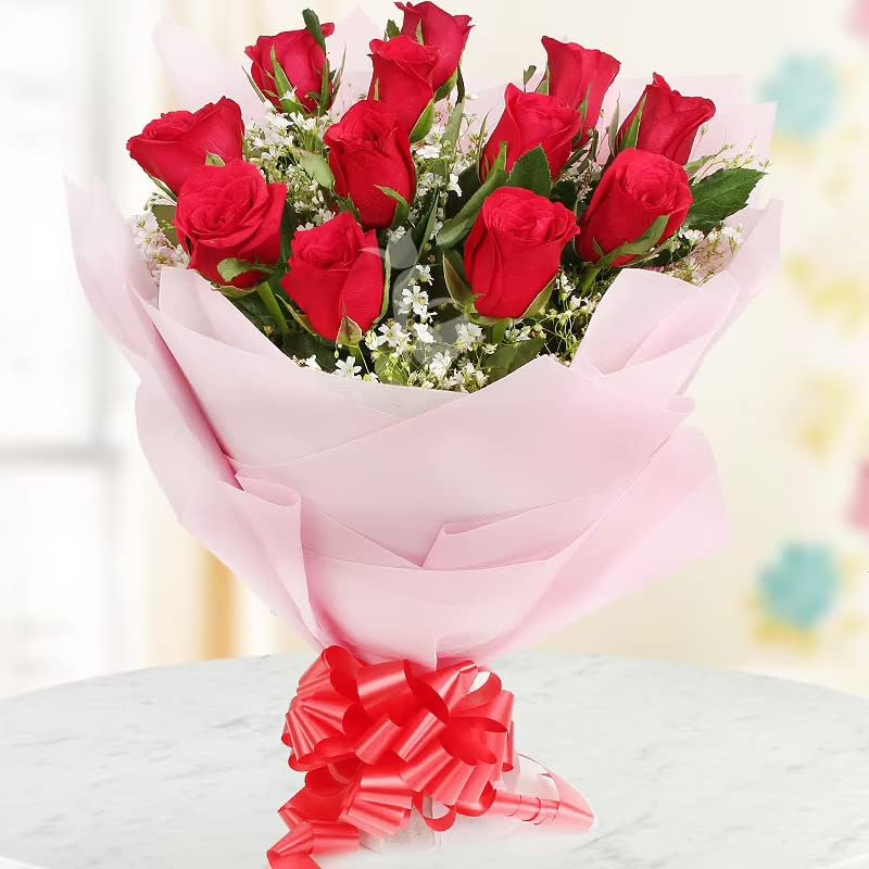 FloraZone 12 Red Roses Fresh Bouquet in Red Paper Wrapping, Flowers