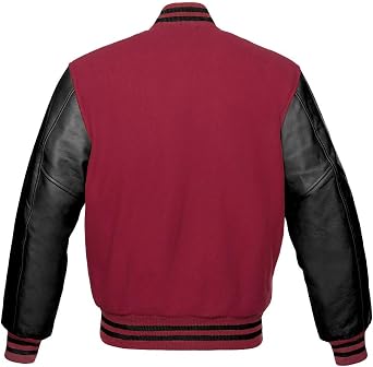 Men's Varsity Baseball Letterman Bomber Maroon Wool & Black Genuine Leather Sleeves D Logo Jacket
