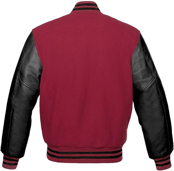 Men's Varsity Baseball Letterman Bomber Maroon Wool & Black Genuine Leather Sleeves D Logo Jacket