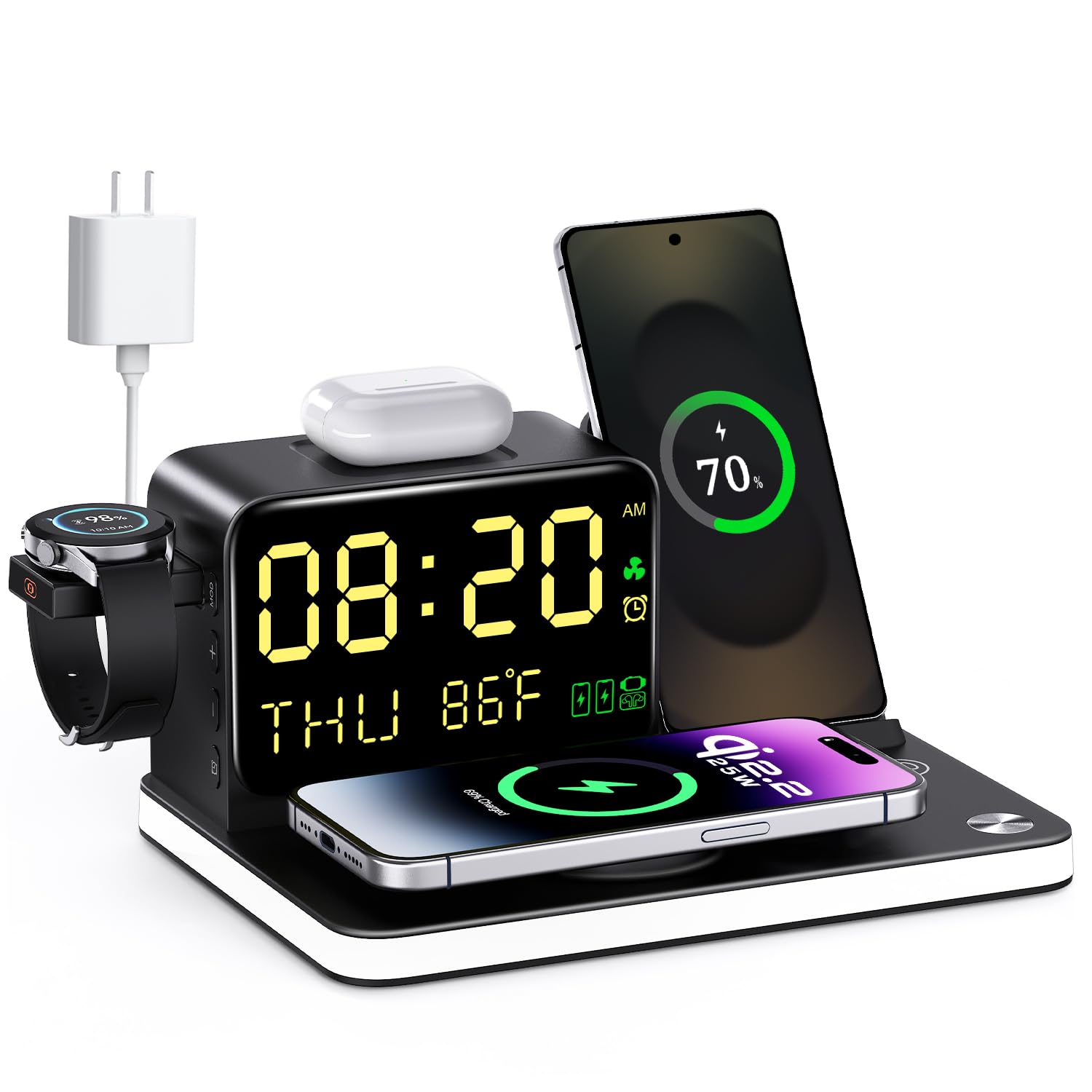 Cargador inalámbrico 7 en 1 con Reloj,Qi2.2 45W Estación de Carga