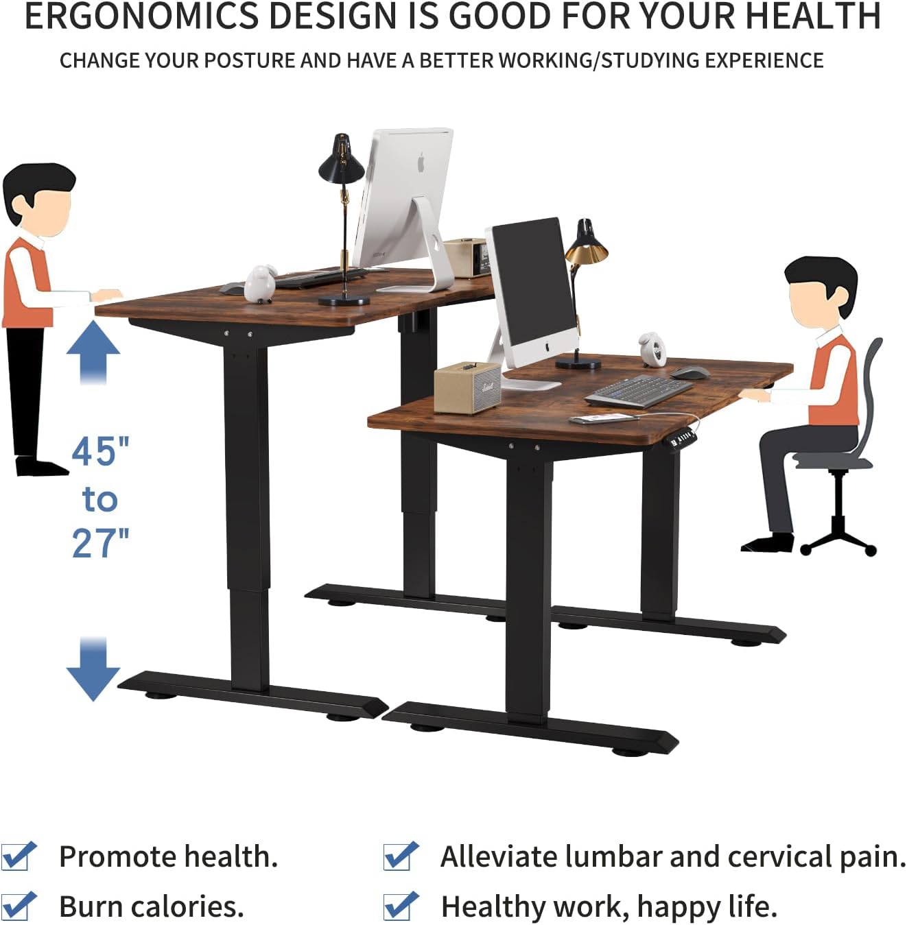 bilbil Height Adjustable Electric Standing Desk, 48 x 24 Inches Sit Stand up for Work Office Home, Ergonomic Rising Computer Table with Memory Preset with Splice Desktop (Rustic Brown)