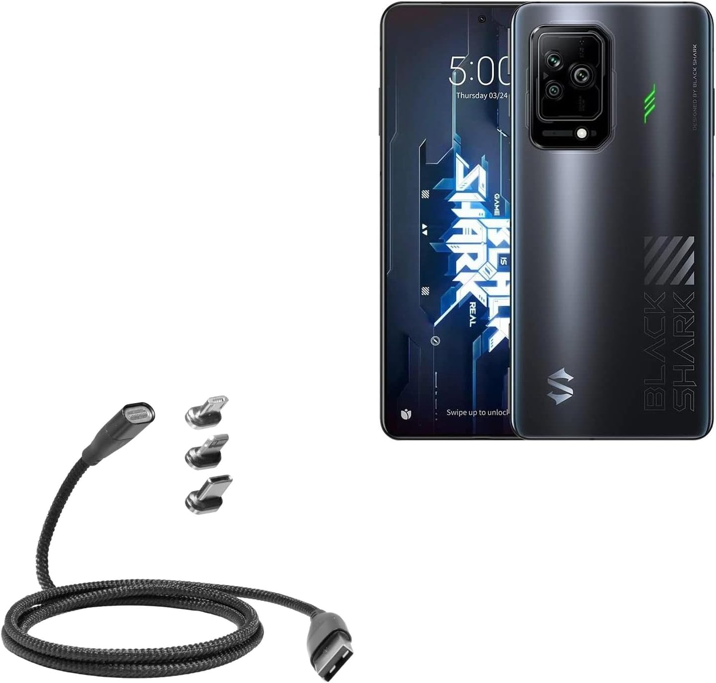 BoxWave Cable Compatible with Xiaomi Black Shark 5 - MagnetoSnap PD AllCharge Cable (100W), Magnet Charging Braided USB Type-C Micro - Jet Black