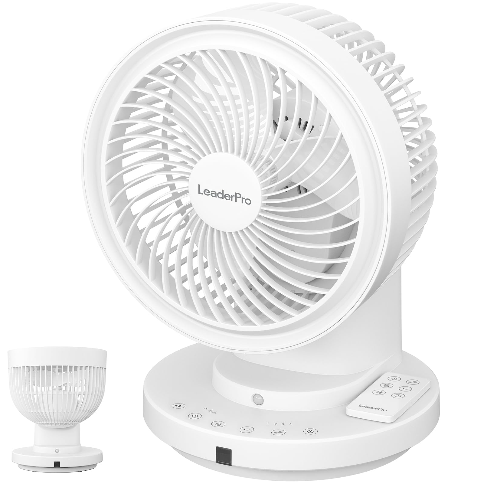 LeaderPro Ventilator mit Fernbedienung, Tischventilator mit Näherungssensor für Menschen, 360° vertikale Schwenkung, Ventilator Leise Luftzirkulation, Tastbildschirm, 4 Windstärken