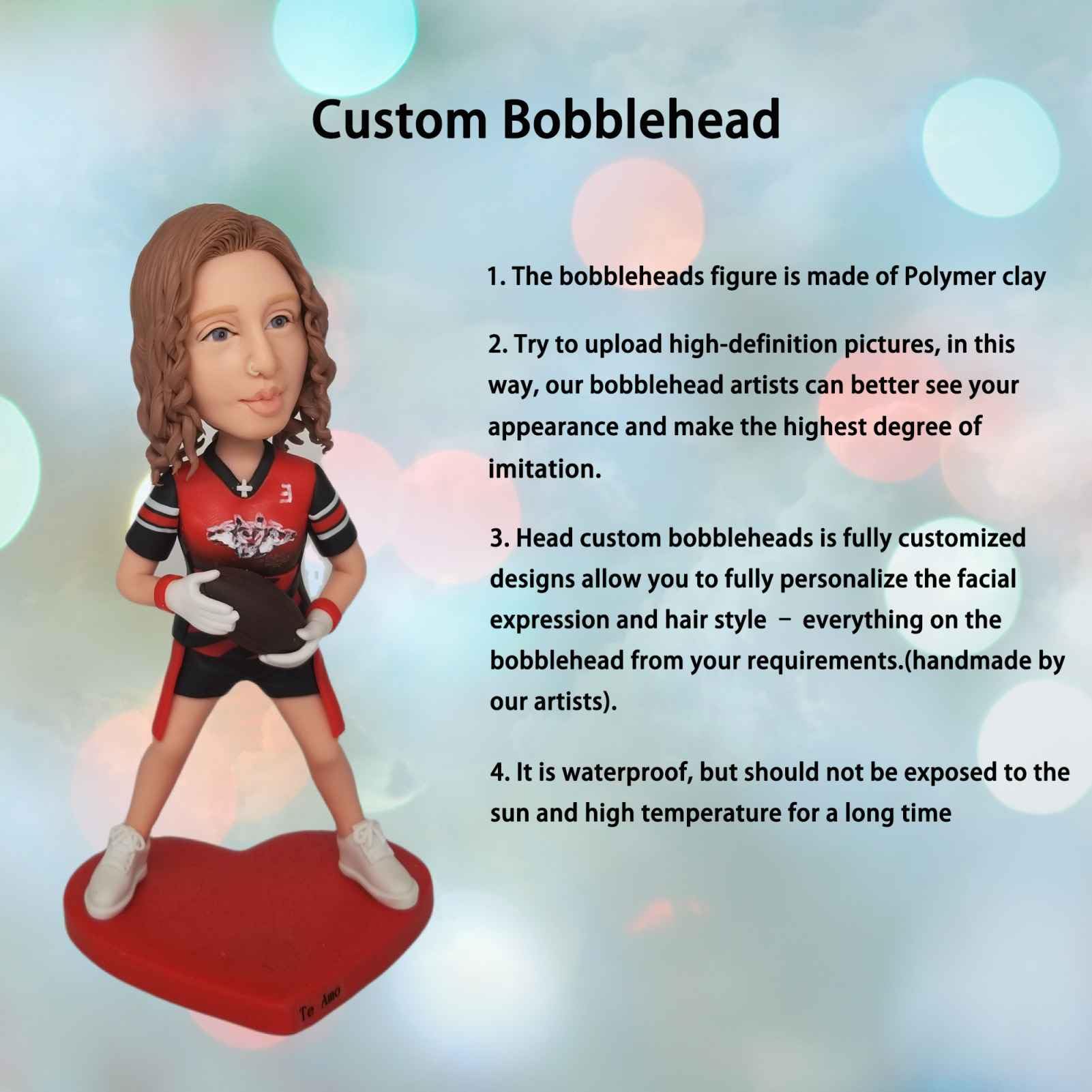 Niestandardowa figurka Bobbleheads spersonalizowane prezenty urodzinowe dla dziewczynki, dziewczyny w rugby, 100% ręcznie robiona spersonalizowana figurka, prezent dla mamy, przyjaciółki, córki, biura