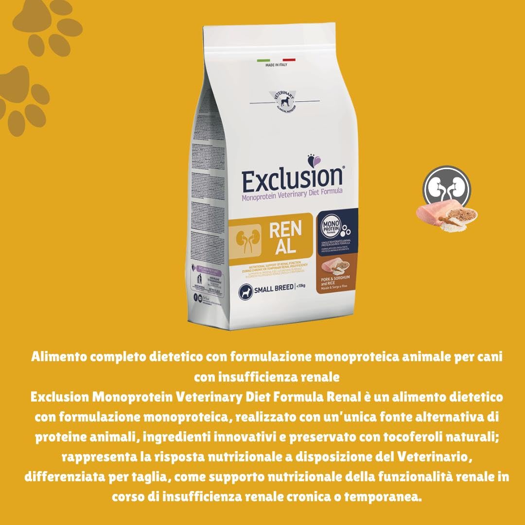 Exclusion Renal - Alimento dietético para perros adultos de talla pequeña con insuficiencia renal, sabor cerdo, sorgo y arroz, 2 kg