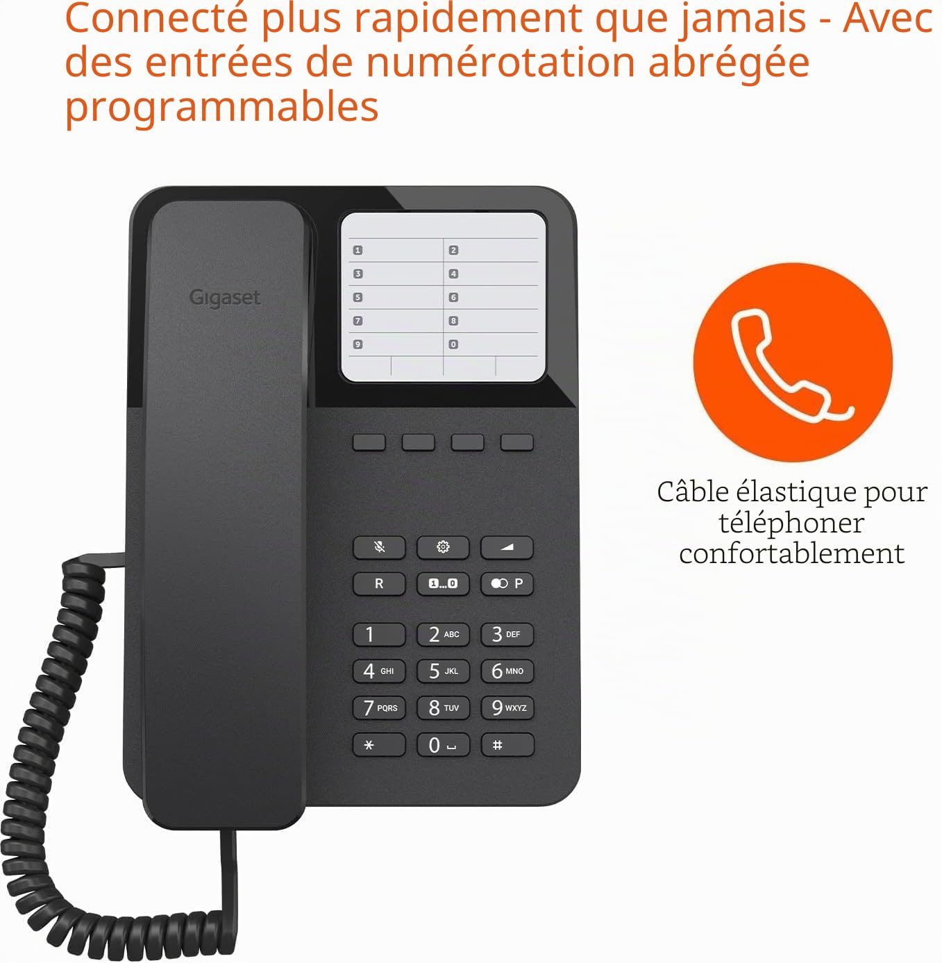 Gigaset Desk 400 Téléphone Filaire avec câble élastique, Espace pour 10 entrées de numérotation abrégée, Rappel, Compatible avec appareils auditifs, DTMF ou numérotation par impulsions réglable, Noir