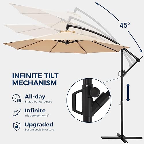 Miniatura 5 de HOMSHADE Sombrilla de patio de 10 pies con base, sombrilla colgante en voladizo para patio al aire libre, protección UV UPF50+ con fácil inclinación