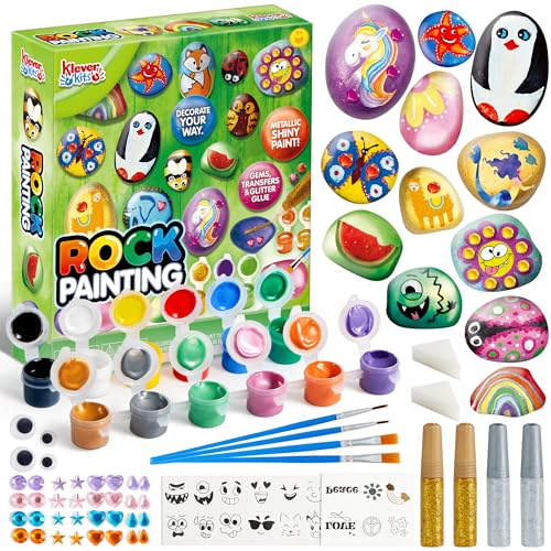 JOYIN Klever Kits 12 Rock Painting Kit, Creativity Arts & Crafts, DIY Supplies, Spring Crafts for Kids, Decorate Your Own Painting Craft, Family Outdoor Indoor Activity, Toddler Birthday Gifts