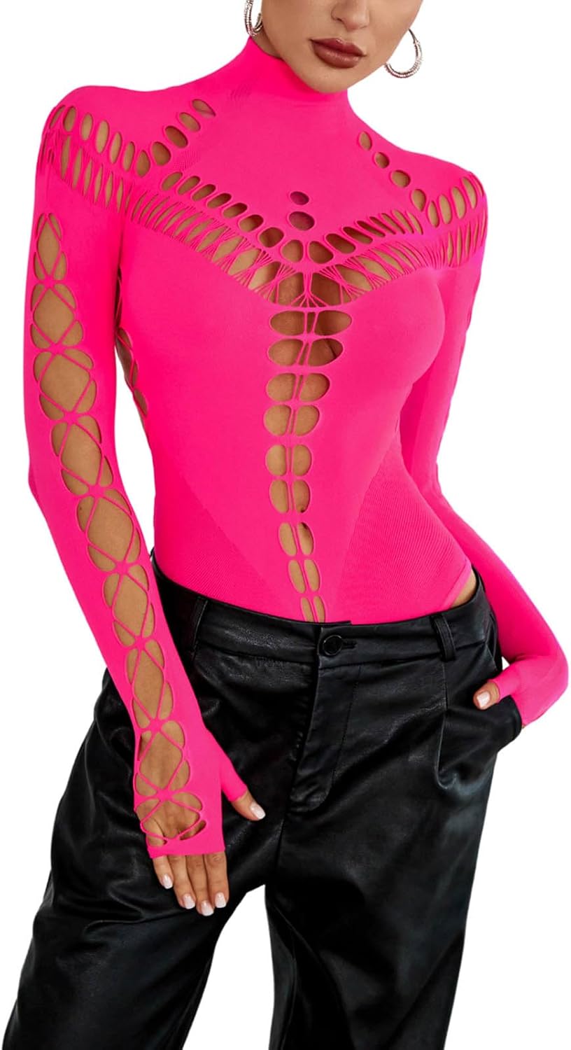 Women's Sexy Cutout Turtleneck Long Sleeve Bodysuit Tops Seamless Mesh Snap Crotch Thong Bodysuits