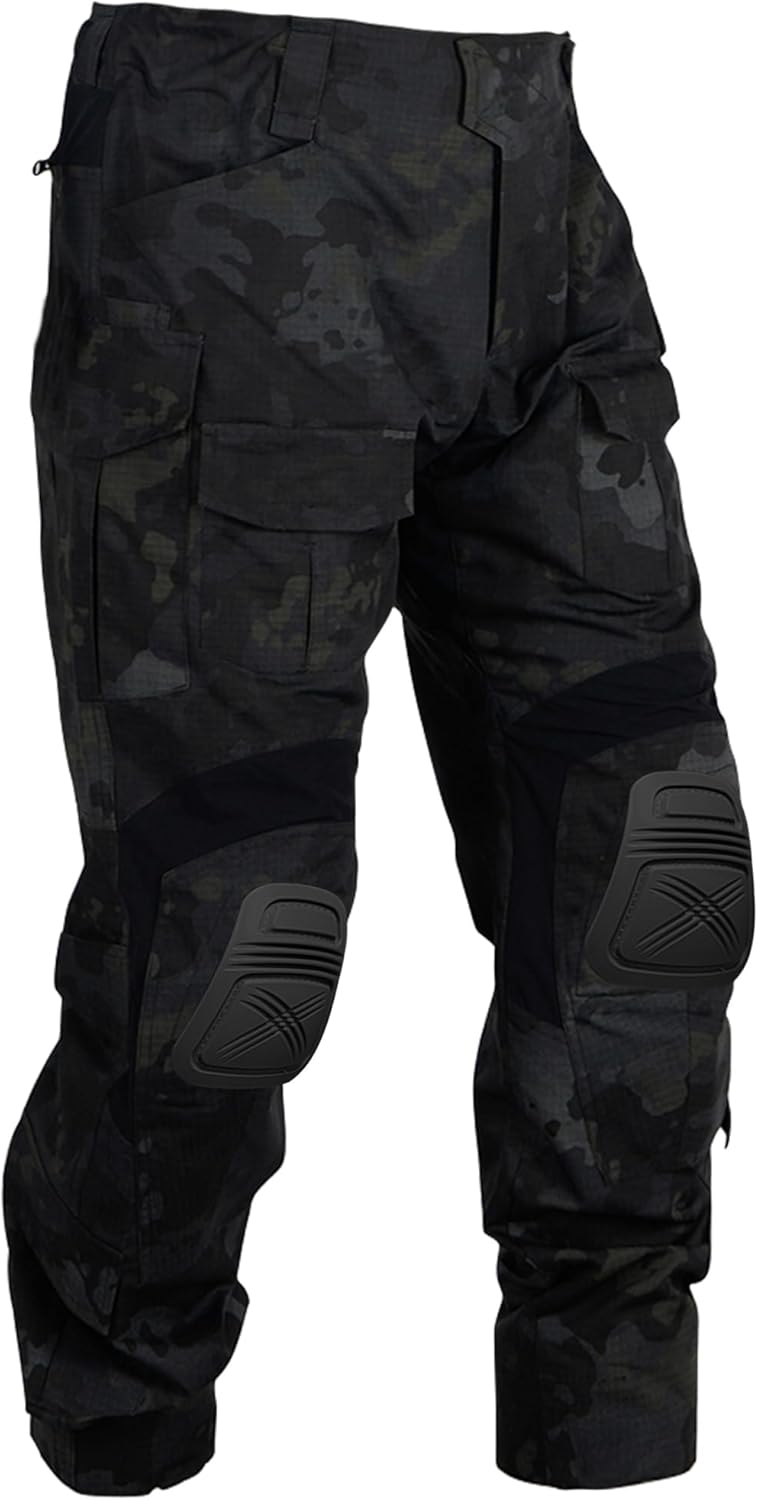 Men’s Tactical Pants with Knee Pads Camo Cargo Pants Waterproof Hiking Pants 10 Pockets No Belt