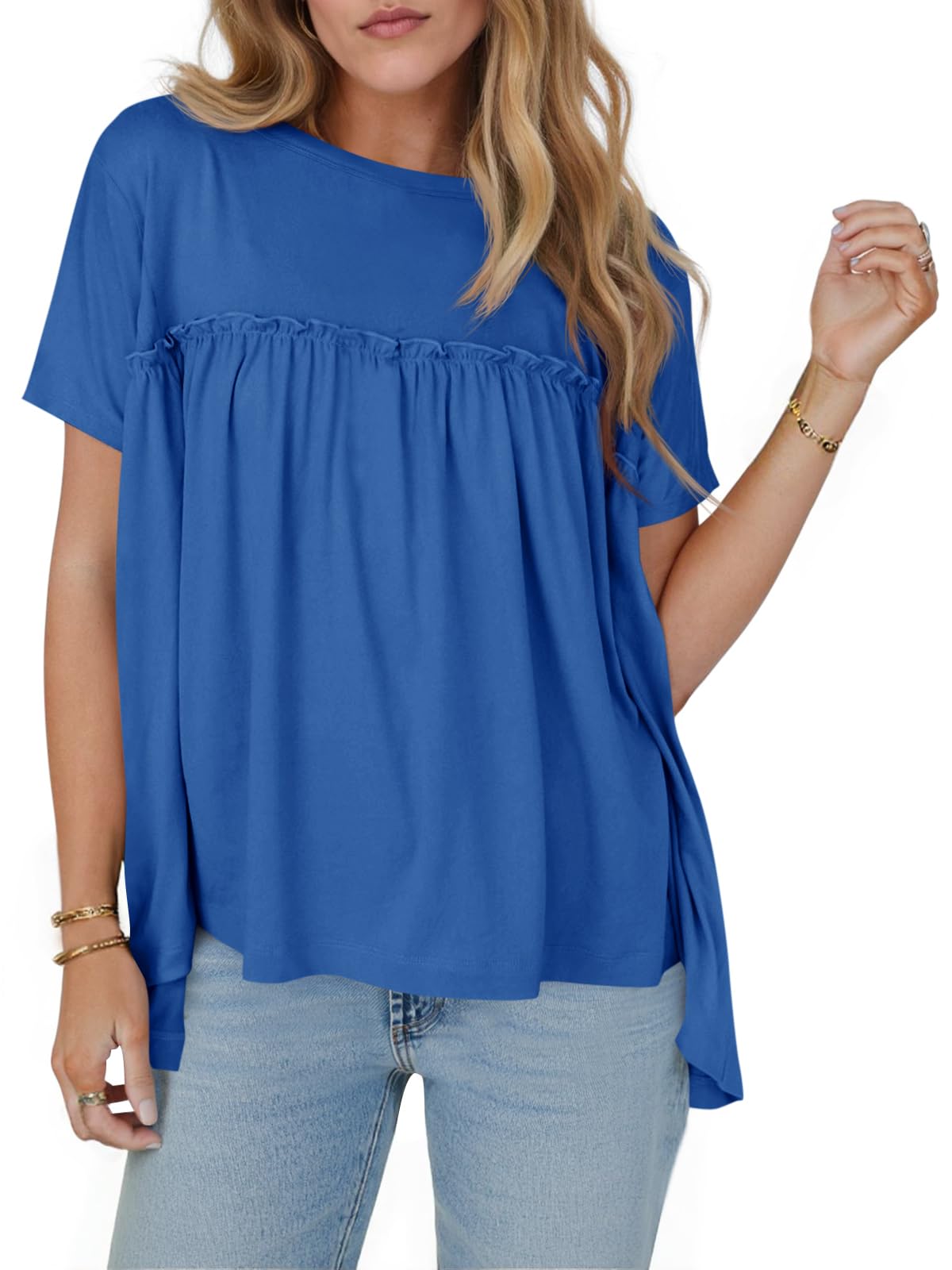 Cicy Bell Babydoll estivo da donna top plissettato manica corta girocollo camicetta peplo casual vestibilità ampia t-shirt