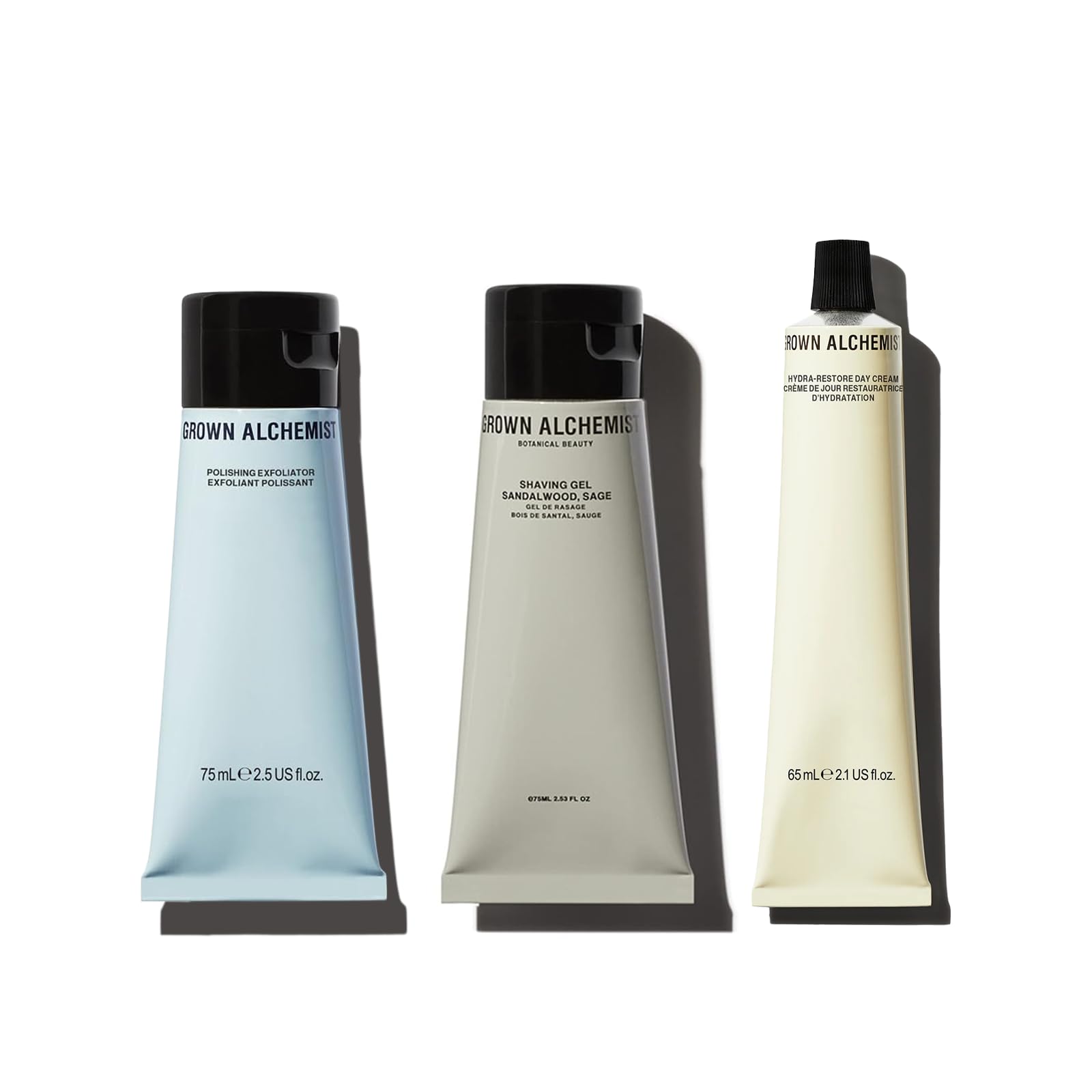 Grown Alchemist Refreshed Ready Trio Bundle for Men Shaving Gel Exfoliating Polishing Cleanser Hydra Restore Day Cream