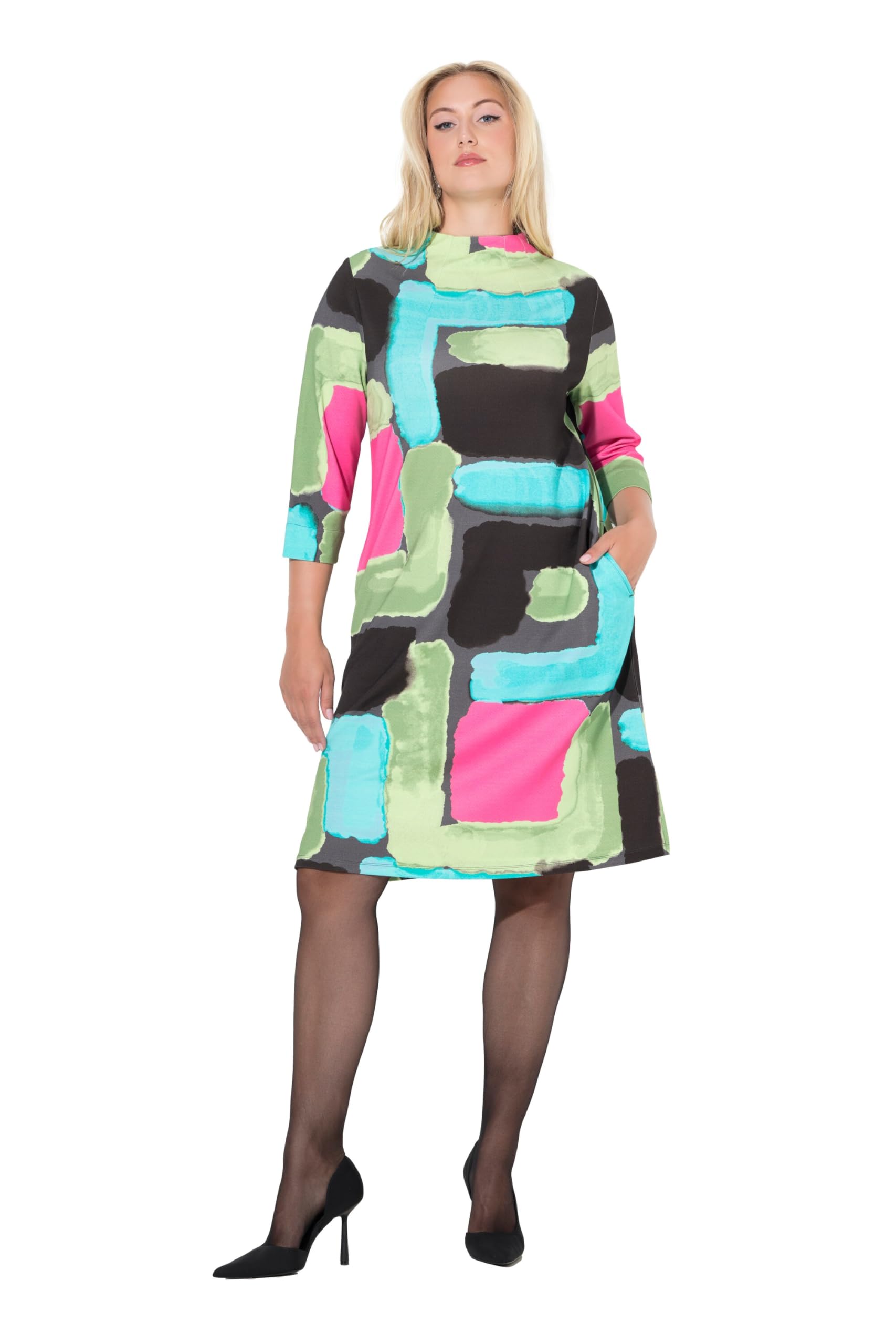 Ulla Popken Damen große Größen Übergrößen Plus Size Punto-Kleid, A-Linie, Stehkragen, Taschen, 3/4-Arm 845154
