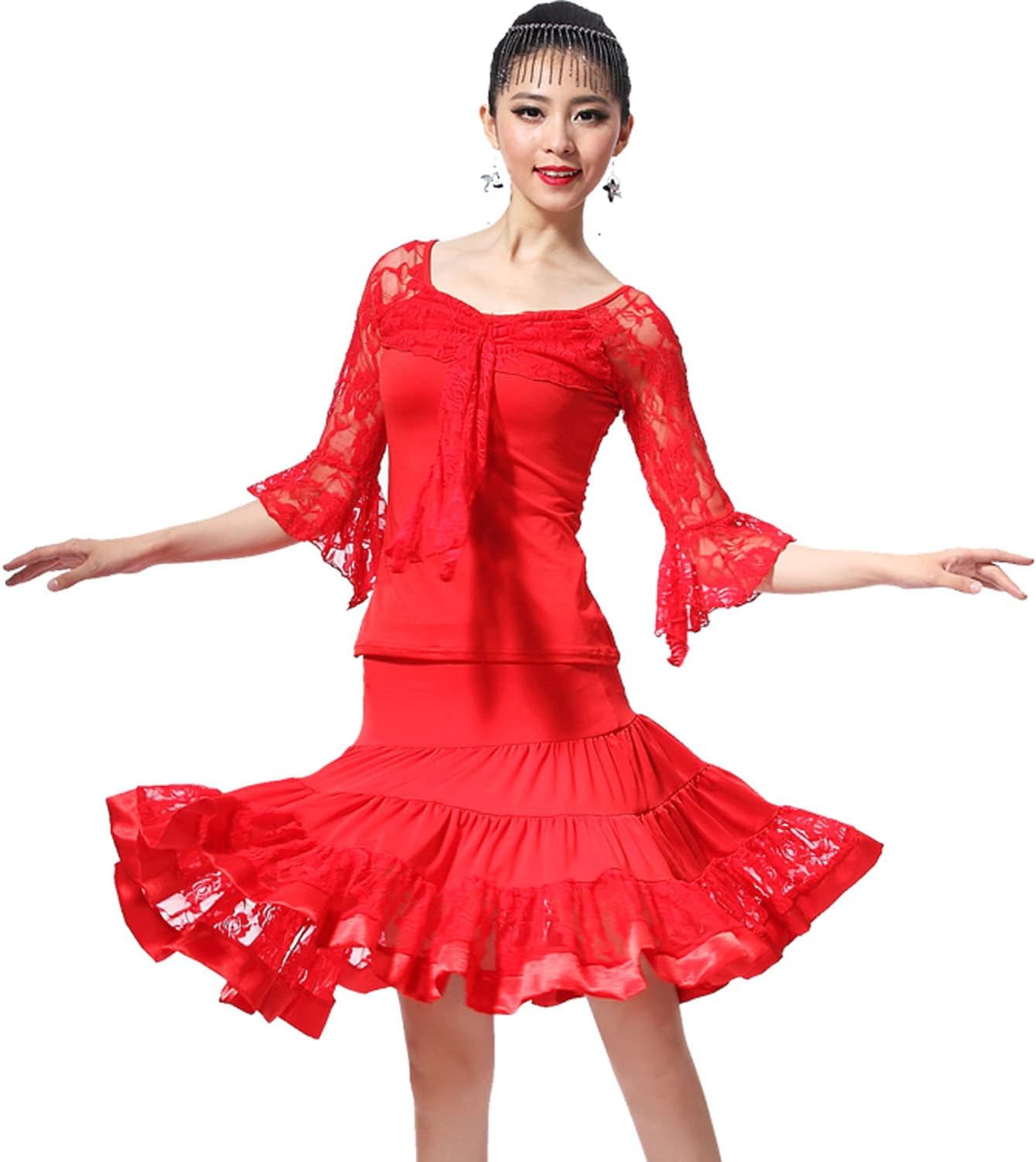 Lace Women's Latin Dance Dresses Round Neck Party Tango Dress Waltz Practice Skirt Salsa Ballroom Dancing Outfits