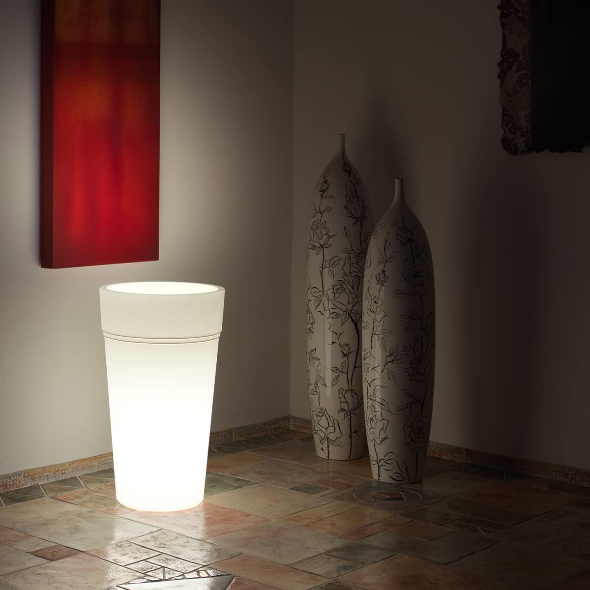 Teraplast Stem Luce Altezza 80cm - Vaso Luminoso Per Esterni Ed Interni In Plastica Opaca, 100% Riciclabile Con Riserva D'Acqua. Portavaso Alto A Base Circolare