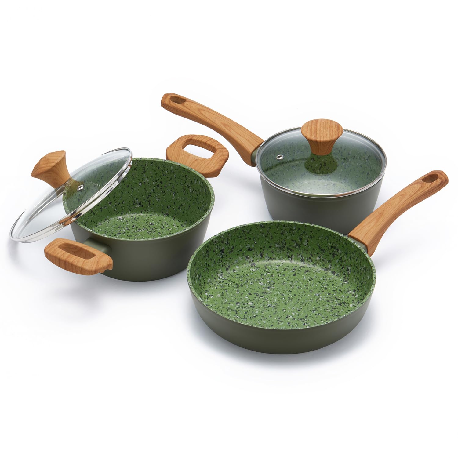 Jovire Small Non-Stick Frying Set, Frying pan & Saucepan with Lid,Ceramic Coated PFOA PTFE Free, Compatible with All Stovetops Including Induction (Green, 5-pcs 28cm)