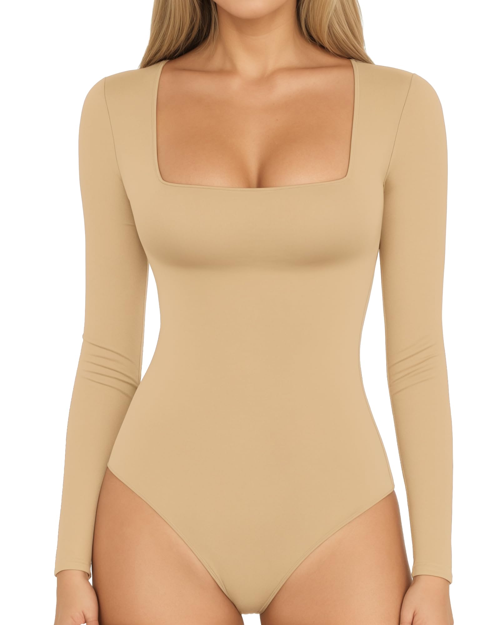 MANGOPOP Women's Square Neck Bodysuit Shirt Long Sleeve Short Sleeve Tops