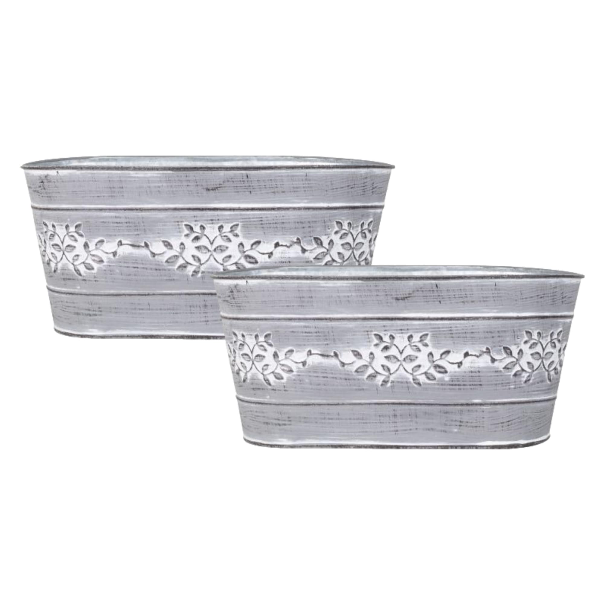Grey Metal Leafy Vine Trough Planter Tin Pail 26cm, 10inch Indoor Outdoor Garden Flower Plant Pot Weatherproof Decorative Gift (2)