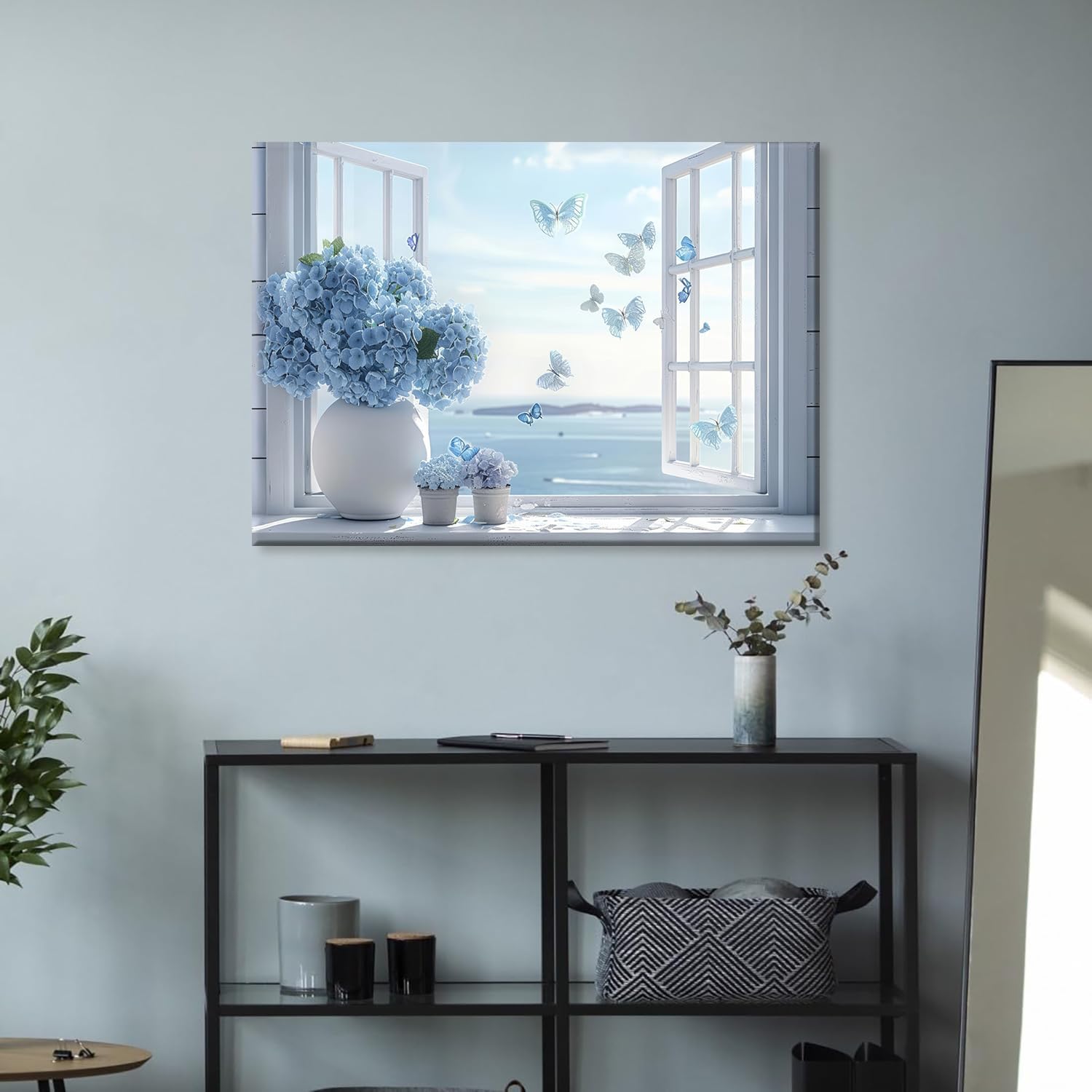 Open Window Canvas Wall Art Blue Hydrangea Floral Vase Butterfly Wall Decor Seascape Beach Fresh Aesthetic Painting Prints Still life Relaxing Spiritual Pleasant Inspiration Posters Pictures Framed