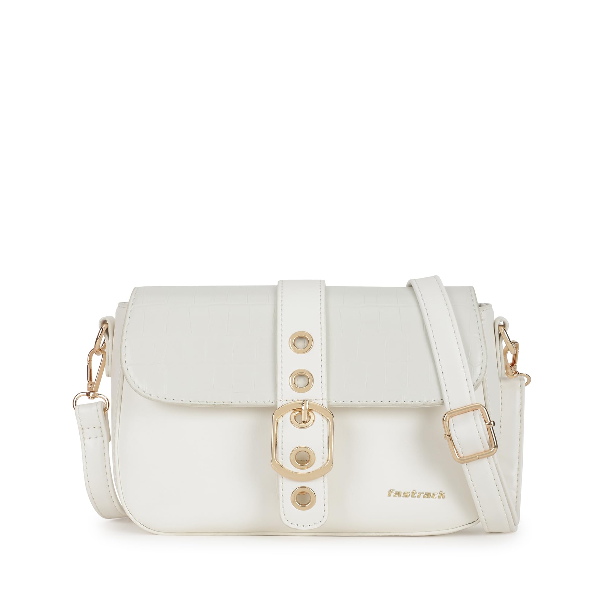 BuckleUp White Sling | Faux-Leather Women’s bag | Sling with Croco-Textured Flap & Buckle Closure-image-10