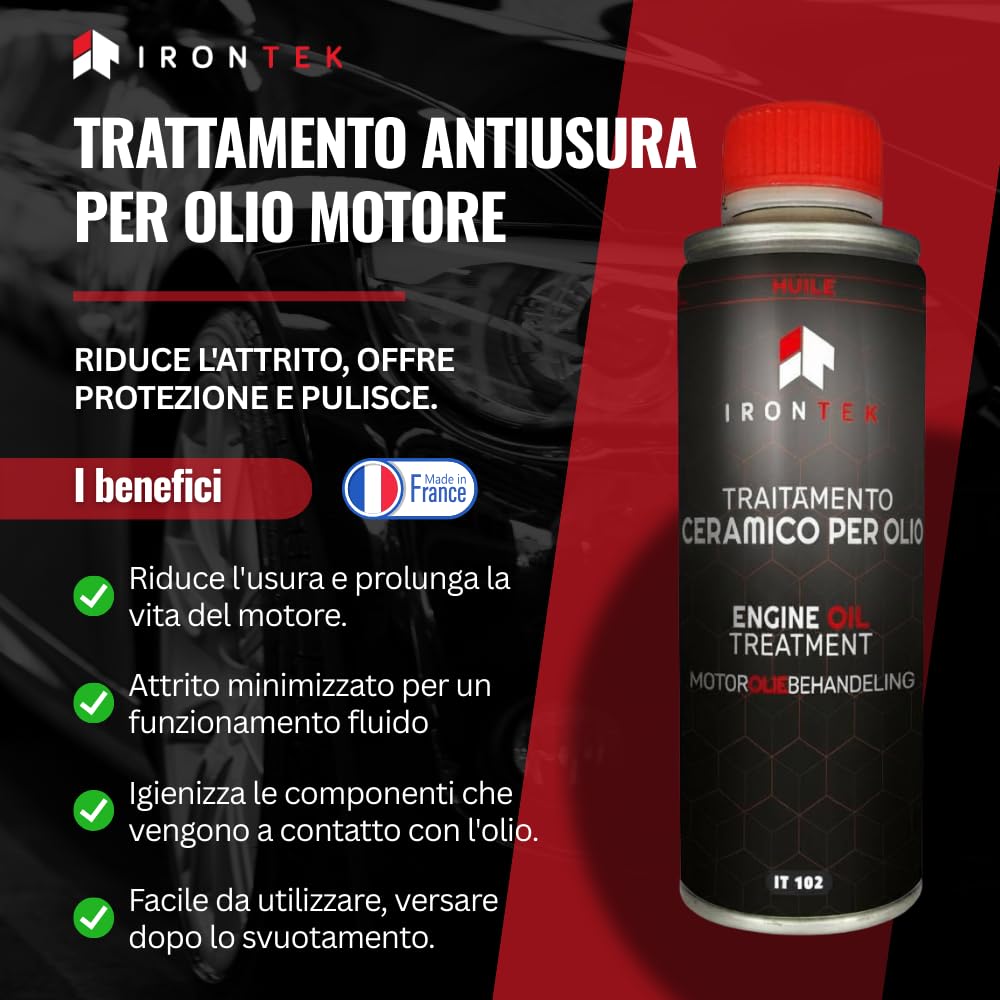 Additivo ceramico per Olio Motori a Benzina e Diesel Olio Motore Ceratec 300ml - IRONTEK | IT102 | Riduce Attrito e Rumore | Compatibile Benzina e Diesel | Motore Silenzioso | Additivo Olio Motore