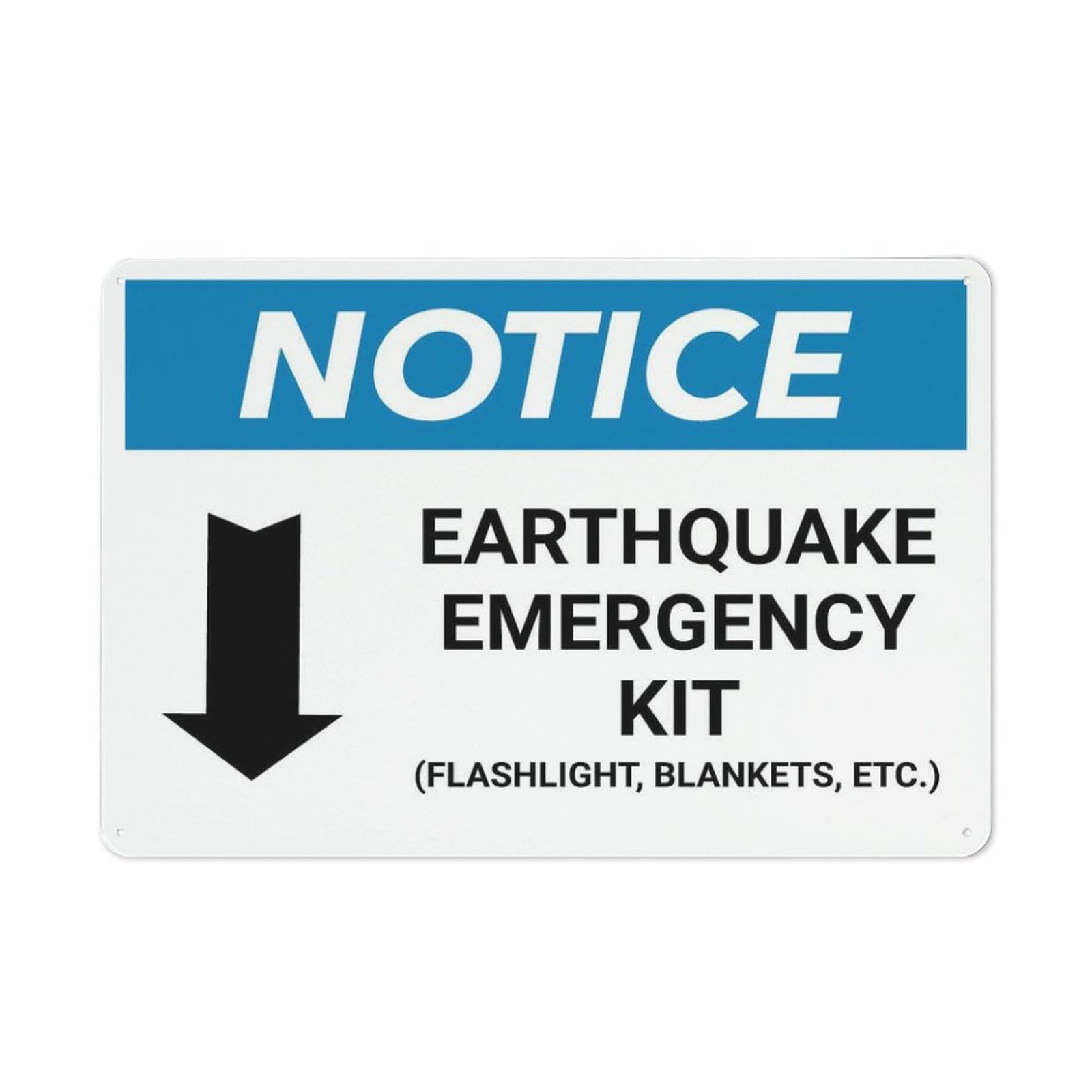Xewazd A27 8"X12" Rustic Metal Notice Sign - Earthquake Emergency Kit (Flashlight, Blanket) | With Down Arrow | Outdoor Wall Decor For Cafe Bar Kitchen