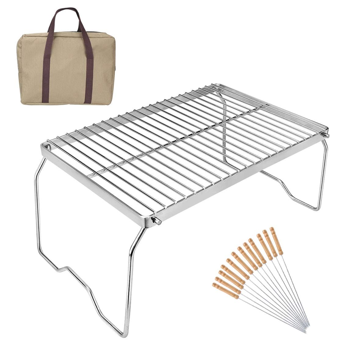 RUBY-Q Folding Campfire Grill, Portable and Heavy Duty 304 Stainless Steel Camp Grill Grate with Carrying Case and 12 Kabob Skewers, Over Fire Camping Grill for Outside Picnic BBQ
