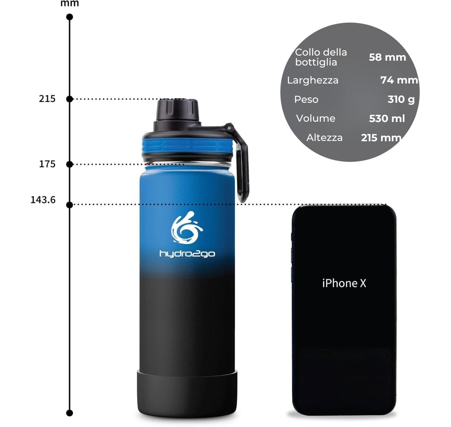 Hydro2Go Borraccia con Cannuccia Acciaio Inox – Termica, Senza BPA per Bambini, Scuola & Sport – 12h Calde / 24h Fredde – 3 Tappi, 530ml (Space)
