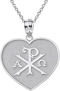 Sterling Silver Heart Shaped Chi Rho Alpha Omega Symbol Pendant Necklace