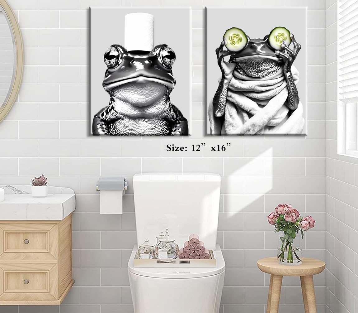 Framed Funny Frog Bathroom Wall Art Prints,Black and White Canvas Art Print,Kid's Room Wall Art,Toilet Humor Adorable Frog Canvas Prints for Bathroom Kitchen Wall Decor Set of 3(12"x16")