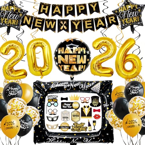 KQMGJYB Decoração de Ano Novo 2026, decoração para festa de Ano Novo com o número 2026 e faixa Happy New Year, balões de látex pretos e dourados para a festa de Réveillon