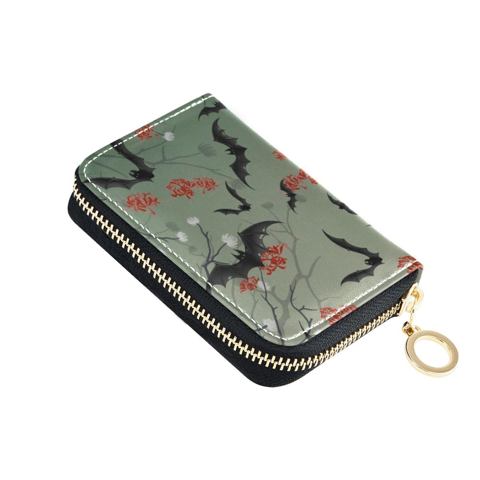 NCRJCZQL Halloween Bat RFID Credit Card Holder Wallets Accordion for Women Leather Zipper Card Case Accordion Wallet for Ladies Girls