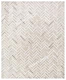 Modern Design Patchwork Cowhide Area Rug, Natural Leather & Jacquard Hair on Hide Carpet, Geometric Pattern (Grey/Beige-D31, 4x6)