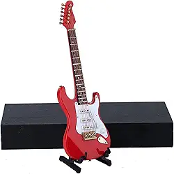 Guitarra elétrica em miniatura de madeira com suporte e estojo, réplica de mini instrumento musical, acessórios para casa de bonecas, modelo de enfeite de Natal, presente de aniversário