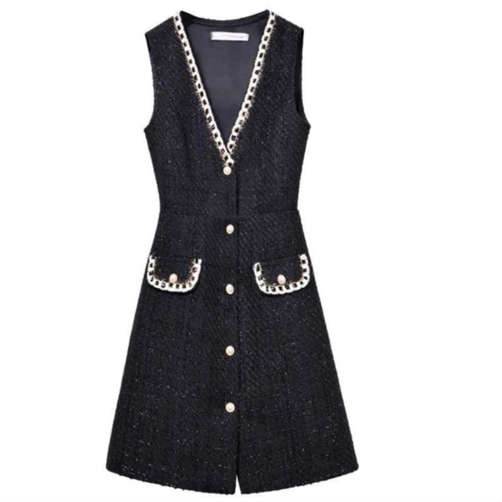 VOIV Spring Women Tweed Dresses Sleeveless O-Neck Plaid Classic Elegant Winter Dress Slim Long Woolen Robe